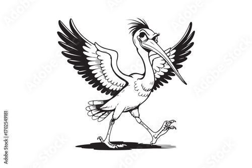 Whimsical pelican with wings spread wide in a lively stride