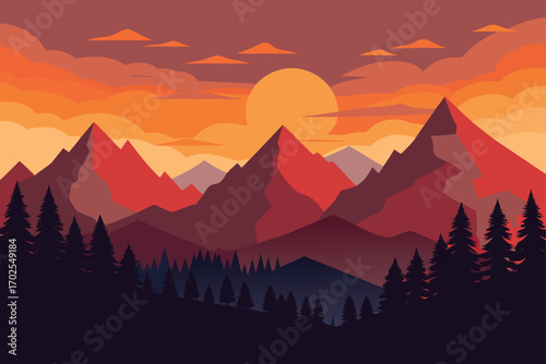 Beautiful Sunset over Mountain Forest