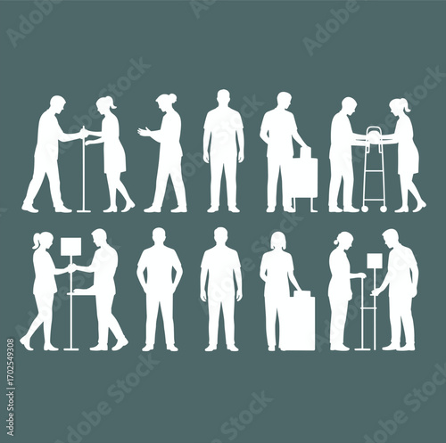 Silhouette of medical patients and healthcare workers, hospital care scene, IV stand, medical support, rehabilitation, elderly care, nursing staff, clinical assistance, recovery treatment