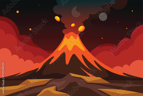 Volcanic Landscape with Lava and Smoke
