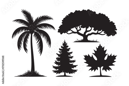 Silhouettes of diverse trees and a maple leaf