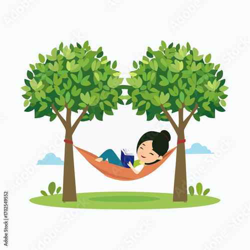 Relaxed woman reading a book in a hammock under trees, enjoying peaceful leisure time outdoors