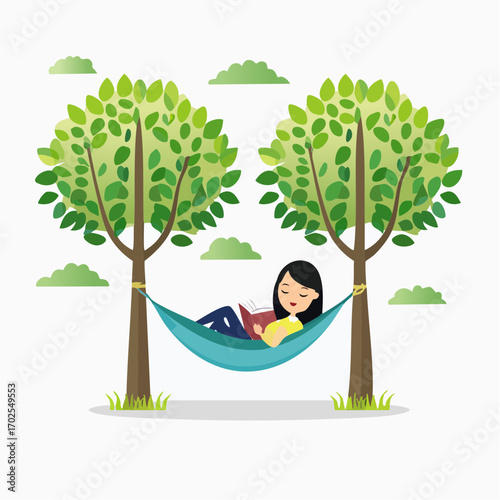 Relaxing woman reading a book in a hammock under trees, enjoying peaceful afternoon