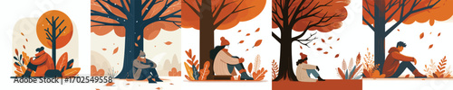 vector of a person sitting pensively under a tree in autumn