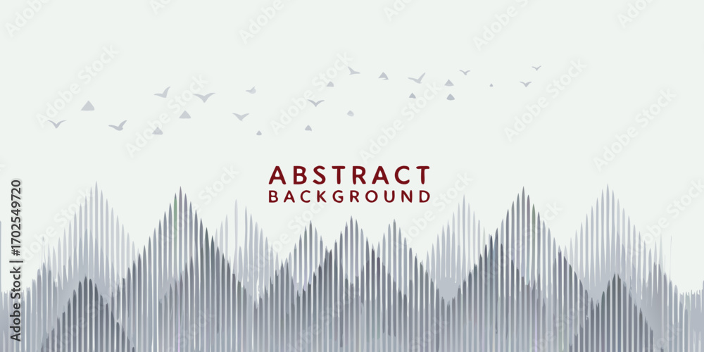 Fototapeta premium Abstract graphic background with stylized mountain peaks and a flock of birds in the sky