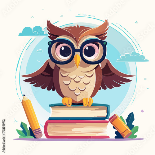 Smart owl ready for learning with books and pencils, ideal for education and knowledge concepts