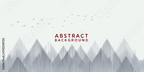 Abstract graphic background with stylized mountain peaks and a flock of birds in the sky