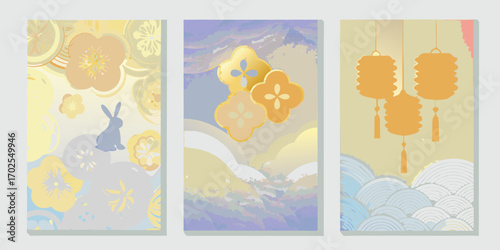 Three panels featuring stylized floral motifs a rabbit and lanterns in a pastel color palette
