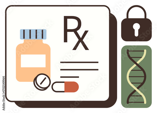 Medication container, pills, prescription label, DNA strand, and padlock represent drug safety, data privacy, genetics, and medical protection. Ideal for security healthcare technology privacy