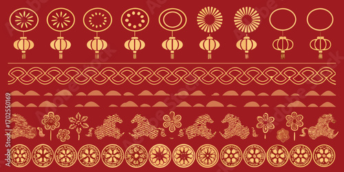 Collection of traditional chinese decorative elements including lanterns horses flowers and geometric patterns on red background