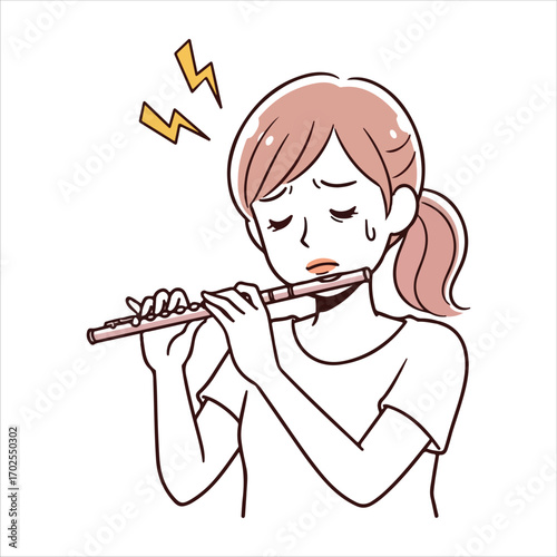 Woman playing flute with lightning bolt symbols indicating headache musical instrument
