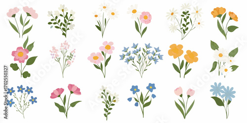 Collection of delicate hand drawn floral bouquets in various colors and styles