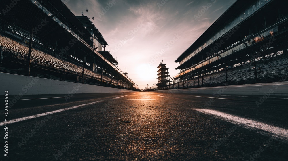 Fototapeta premium Dramatic Low Angle View of an Empty Racetrack at Sunset with Buildings in Background
