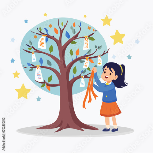 Young girl decorates a wishing tree with ribbons and hopes for the future, a symbol of dreams