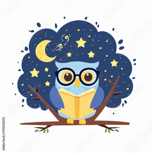 Wise owl reading under starry night sky, perfect for education, bedtime stories, and learning