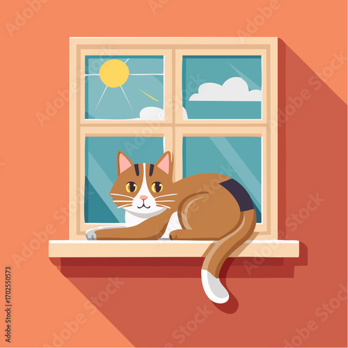 Relaxed cat enjoying sunny day by window, happy pet illustration for home decor and lifestyle