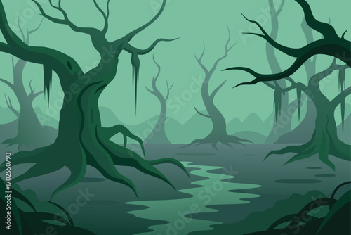 Foggy Swamp with Twisted Roots