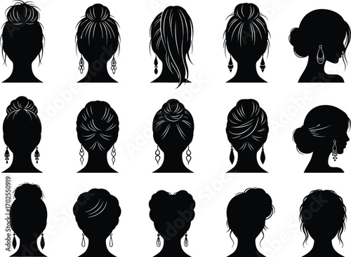 Elegant woman hair bun silhouettes, female hairstyle vector illustration, black profile women head with earrings, stylish feminine fashion icons
