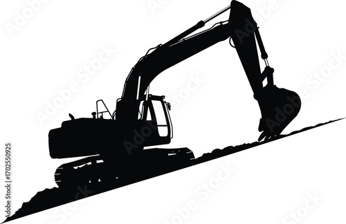 Excavator construction equipment silhouette, heavy machinery on a slope, digging ground, side view silhouette of excavator, black construction vehicle, engineering, site work