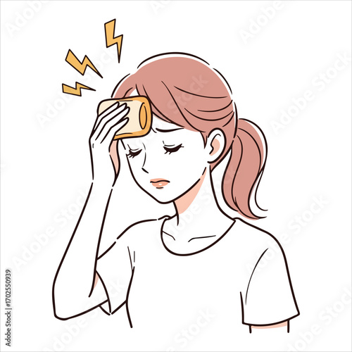 Woman with forehead compress and lightning bolt symbols indicating headache cold pack