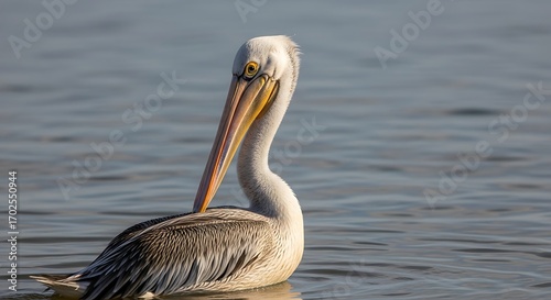 Pelican swimming gracefully in tranquil waters.