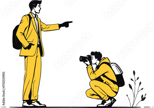 Exploration and Photography Vector in Yellow Featuring Two People with Backpacks for Travel, Storytelling, and Minimalist Design