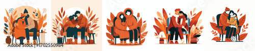 vector of a couple hugging on a park bench in autumn