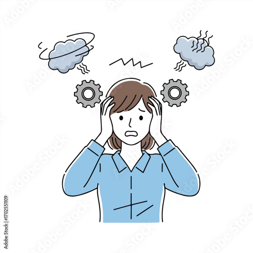 Woman with gears and swirling clouds showing stress on white background stressed worried