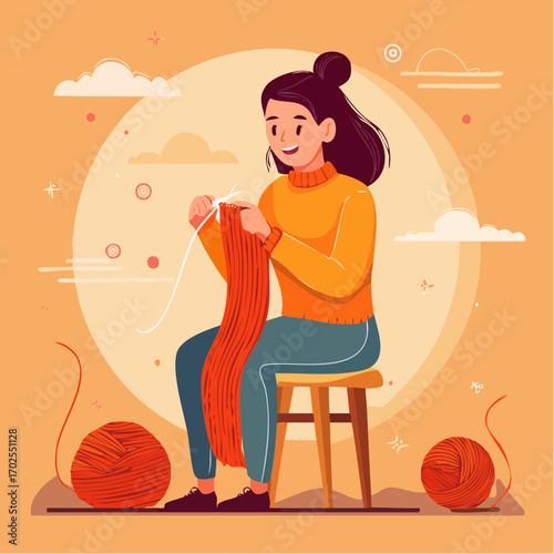 Joyful woman happily knitting warm scarf, enjoying cozy hobby with yarn