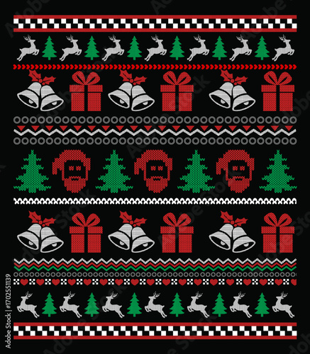 New Year, Christmas holiday season seamless icon  Ugly pattern pixel vector illustration in modern geometric style for seasonal decorations, gifts, packaging, greeting cards, posters, T-shirt.