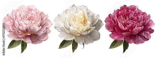 Three peonies in shades of pink and white