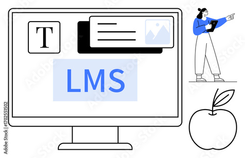 Desktop screen showing LMS interface with text, image, and file icons. Educator holding a clipboard points towards interactive learning. Apple symbolizes knowledge. Ideal for e-learning, education