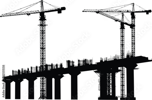 Construction cranes on building site, black silhouette, industrial design, urban development, large structure with construction workers, steel framework, architecture