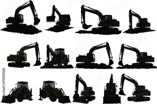 Excavator construction machinery silhouettes set, heavy equipment in various positions, detailed black silhouette on white background, perfect for construction, heavy machinery