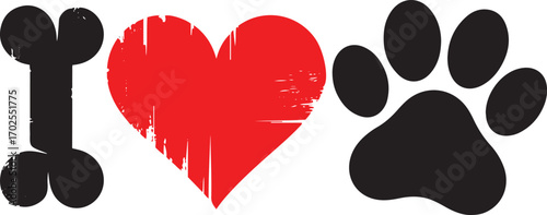 I Love Animals text with paw print and distressed heart Keywords: I love animals, animal lover, pet