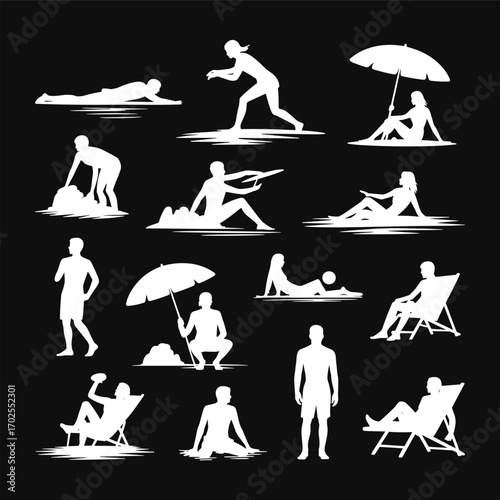 Silhouette of people enjoying beach activities, sunbathing, playing, relaxing under umbrella, building 