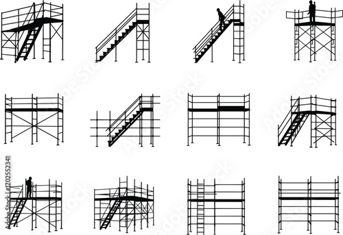 Scaffolding silhouette illustrations, construction worker, industrial stairs, black silhouette, scaffolding structure, worker on scaffolding, safety stairs, black and white silhouette