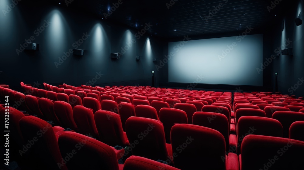 Fototapeta premium Empty Movie Theater with Red Seats and Blank Screen ready for cinema entertainment