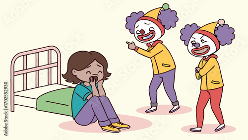 Girl Alone on Bed with Friends Wearing Joker Masks to Cheer Her Up – Vector Illustration of Emotional Support