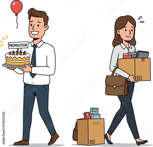 Happy businessman holding promotion cake celebrating success while woman carrying box with belongings leaving office, workplace change, job transition, career promotion, office life.