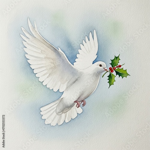 Dove carrying holly leaves flying against a serene blue background during the holiday season