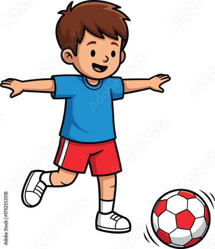 Cartoon illustration of happy boy playing soccer with ball, young child kicking football, kids sports activity, outdoor fun, game vector design