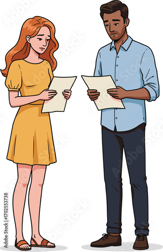 Man and woman reading documents, serious expression, casual clothes, discussing important news or papers, isolated characters, communication concept, emotional moment, paperwork review.