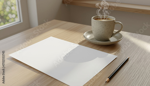 High-quality paper flyer mockup, top-down view, minimalist aesthetic, for brand identity and marketing materials