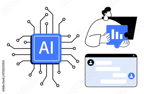 AI chip connected to circuits, person analyzing data chart, chat interface. Ideal for technology, AI development, innovation, data processing, business strategy, smart tools simple landing page