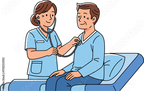 Cartoon illustration of female nurse checking male patient with stethoscope in hospital bed, medical examination healthcare vector design concept