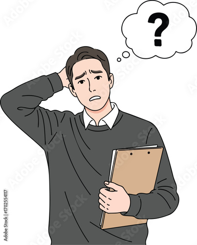 Man Holding Clipboard and Scratching Head with Question Mark Thought Bubble vector illustration