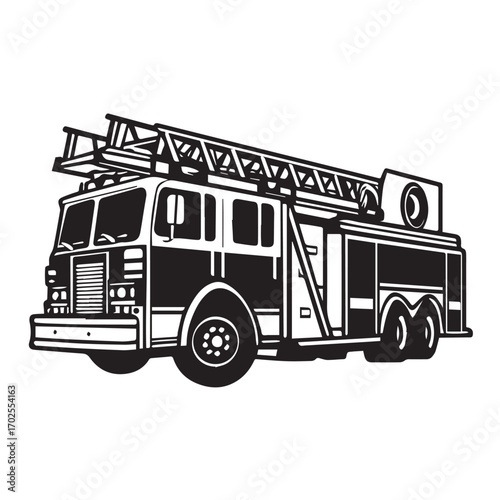 Black and white illustration of a fire truck with a ladder, isolated on white background