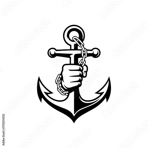 Strong hand firmly grips nautical anchor with chain, symbolizing stability and security.