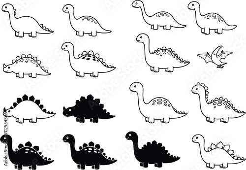 Cute cartoon dinosaur vector set, black and white drawings, stegosaurus and brontosaurus silhouettes, prehistoric animals, children’s illustration collection